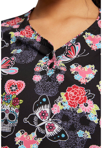 Skull Butterfly Cherokee iFlex Print V Neck Knit Panel Scrub Top CK732 SGSF - Scrubs Select