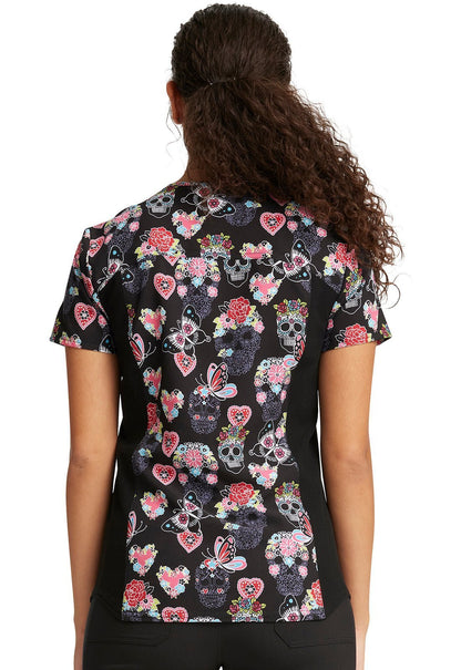 Skull Butterfly Cherokee iFlex Print V Neck Knit Panel Scrub Top CK732 SGSF - Scrubs Select