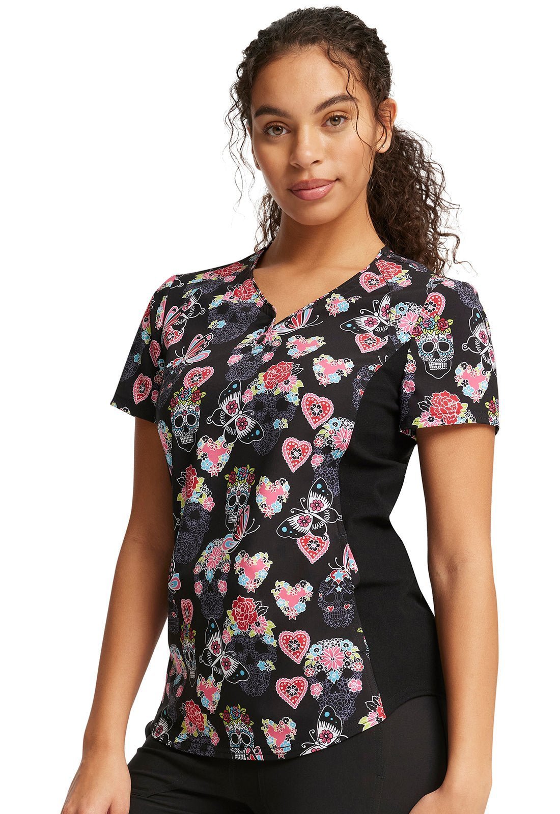 Skull Butterfly Cherokee iFlex Print V Neck Knit Panel Scrub Top CK732 SGSF - Scrubs Select