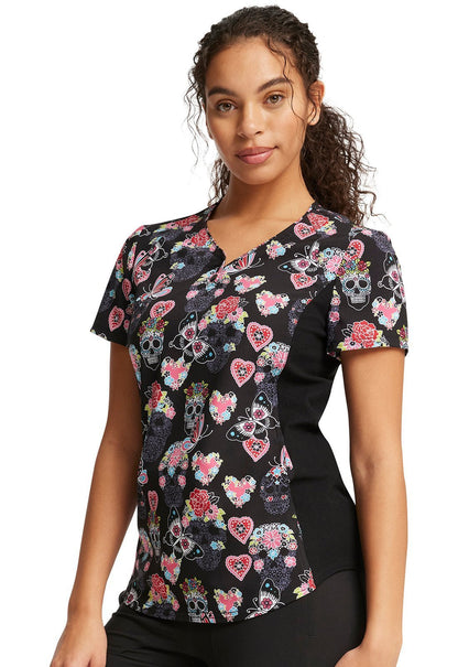 Skull Butterfly Cherokee iFlex Print V Neck Knit Panel Scrub Top CK732 SGSF - Scrubs Select