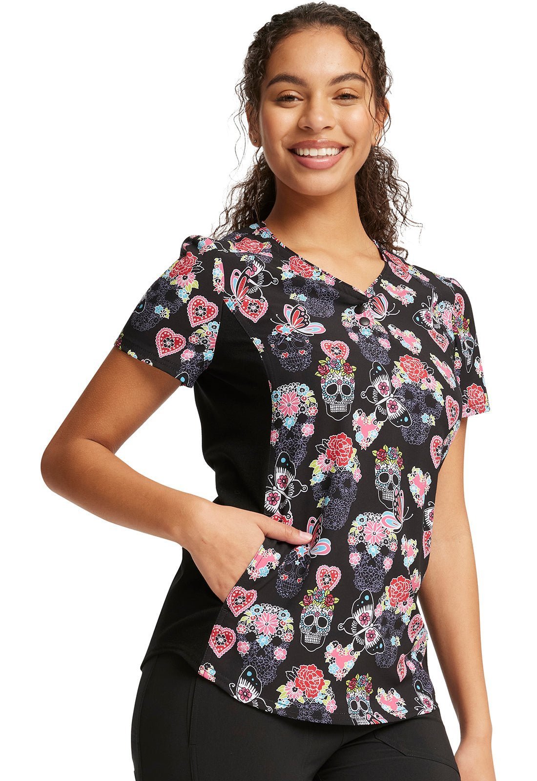 Skull Butterfly Cherokee iFlex Print V Neck Knit Panel Scrub Top CK732 SGSF - Scrubs Select