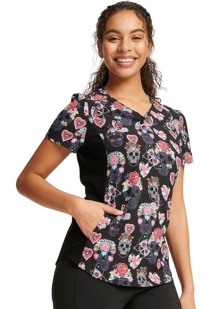 Skull Butterfly Cherokee iFlex Print V Neck Knit Panel Scrub Top CK732 SGSF - Scrubs Select