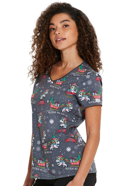 Sleigh All Day Magic Dickies EDS Christmas Unicorn Print V Neck Scrub Top DK852 SGDM - Scrubs Select