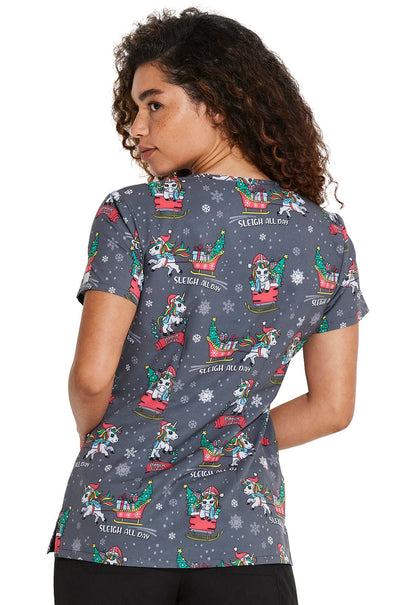 Sleigh All Day Magic Dickies EDS Christmas Unicorn Print V Neck Scrub Top DK852 SGDM - Scrubs Select