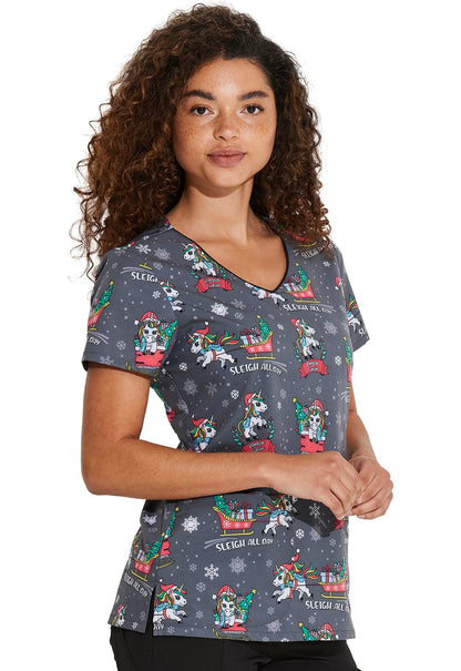 Sleigh All Day Magic Dickies EDS Christmas Unicorn Print V Neck Scrub Top DK852 SGDM - Scrubs Select