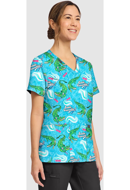 Smile Crocodile Cherokee Print Dental V - Neck Scrub Top CK856 SLCI - Scrubs Select