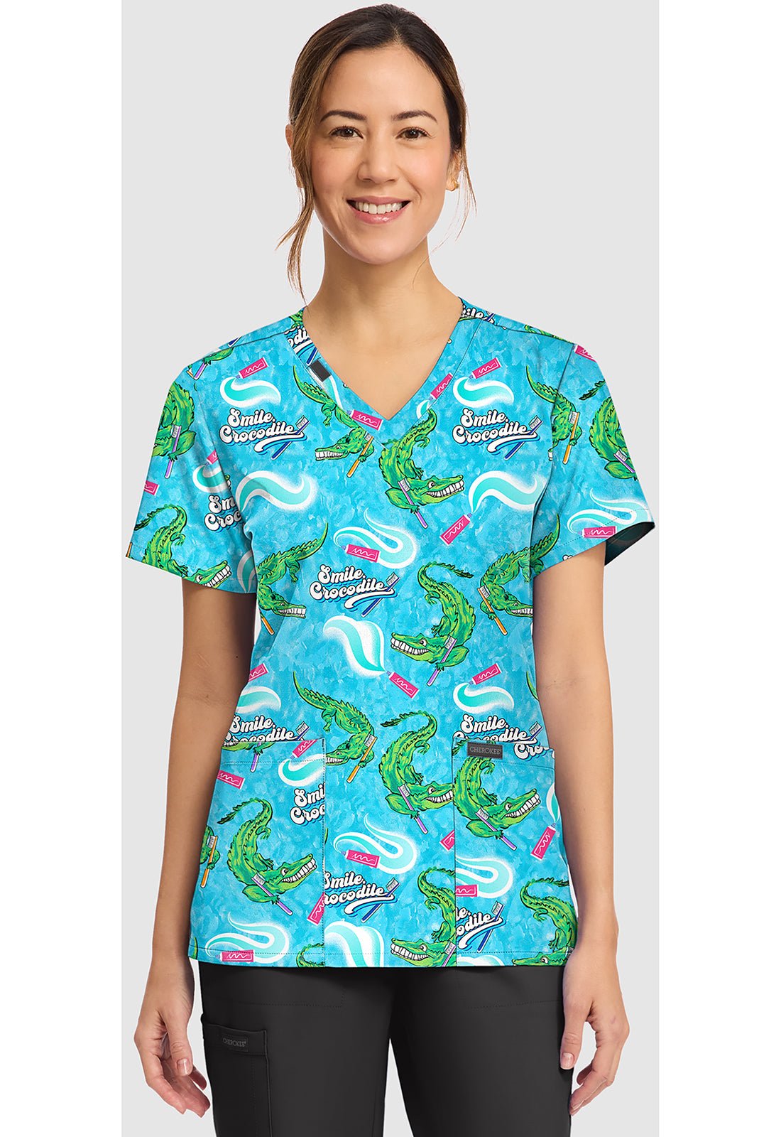 Smile Crocodile Cherokee Print Dental V - Neck Scrub Top CK856 SLCI - Scrubs Select