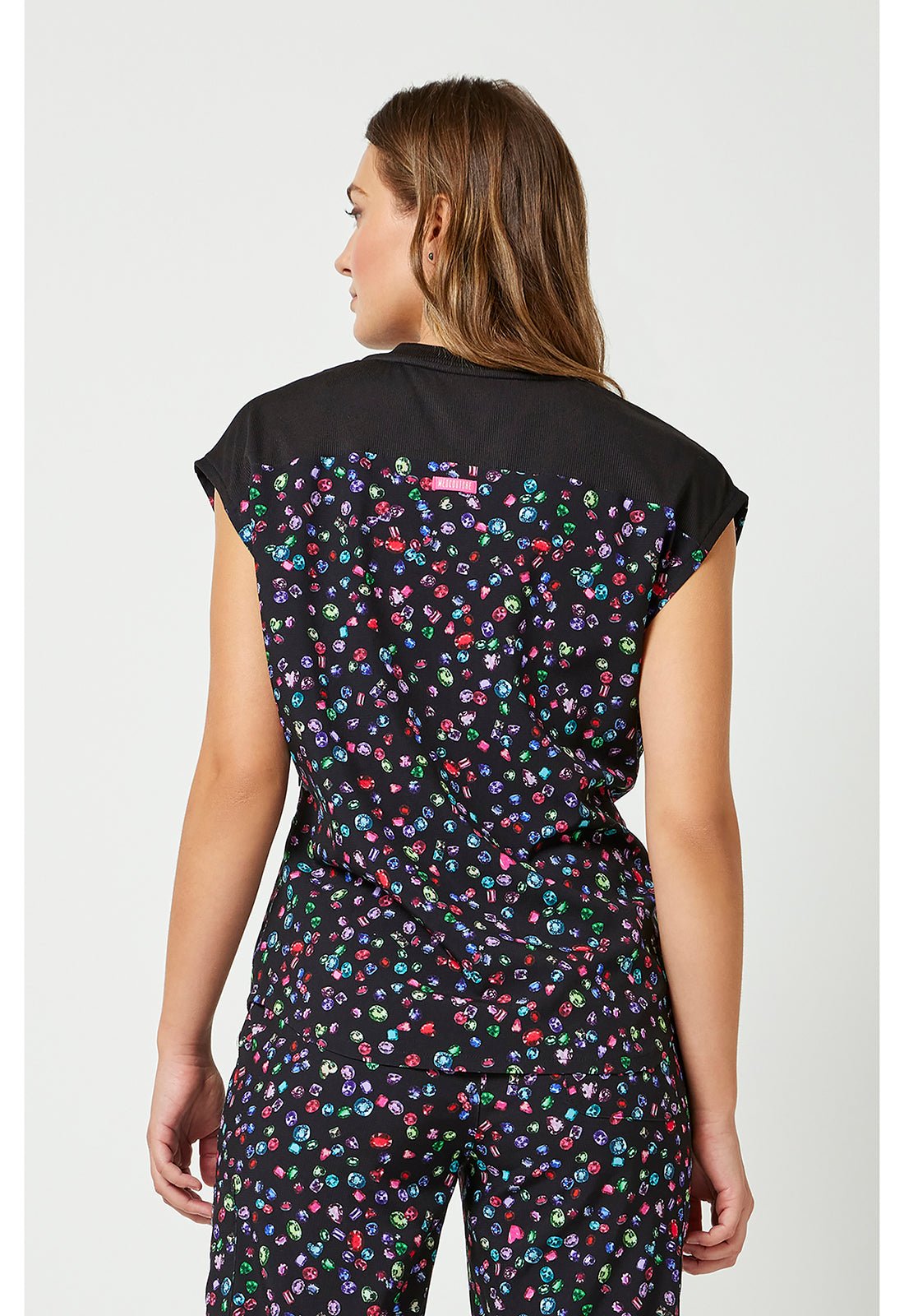 Sparkling Jewels Med Couture Amp Print Round Neck Top MC00015 SKJE - Scrubs Select