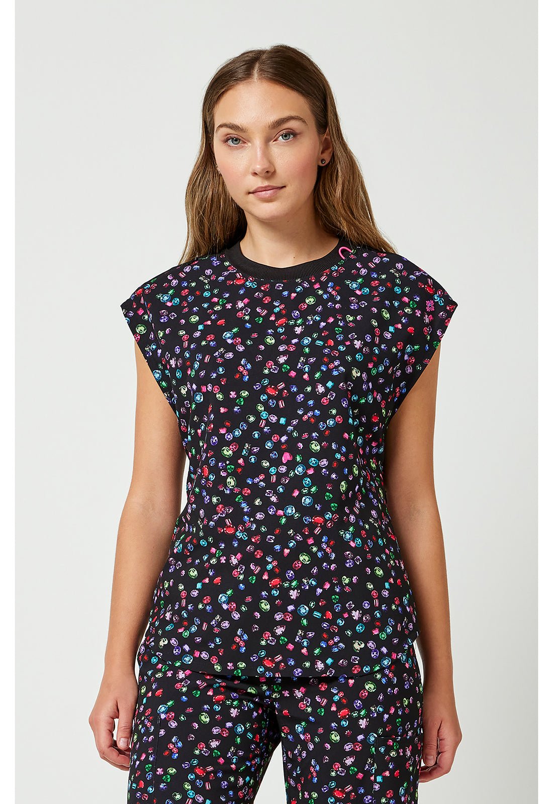 Sparkling Jewels Med Couture Amp Print Round Neck Top MC00015 SKJE - Scrubs Select