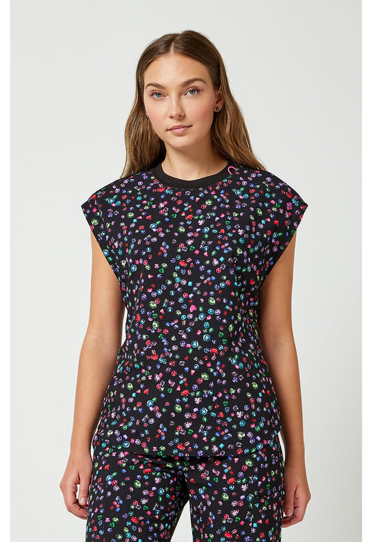 Sparkling Jewels Med Couture Amp Print Round Neck Top MC00015 SKJE - Scrubs Select
