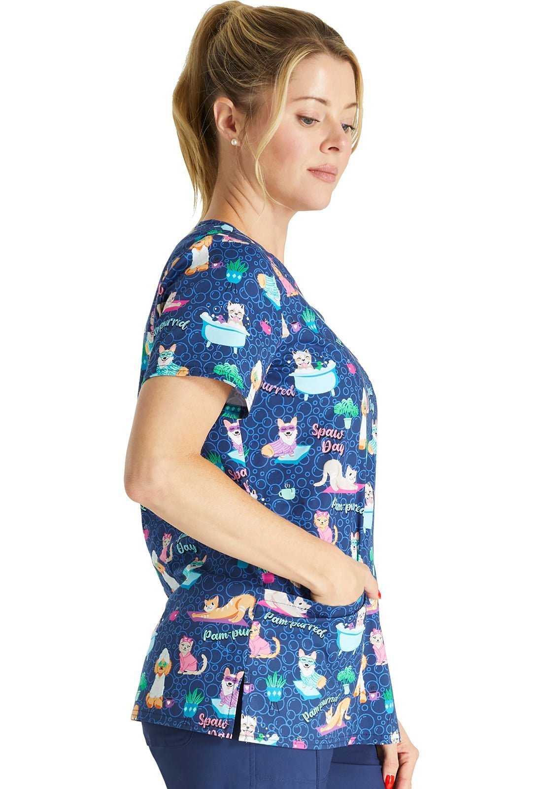 Spaw Day Cherokee Dog Cat Print V Neck Scrub Top CK651 SPWD - Scrubs Select