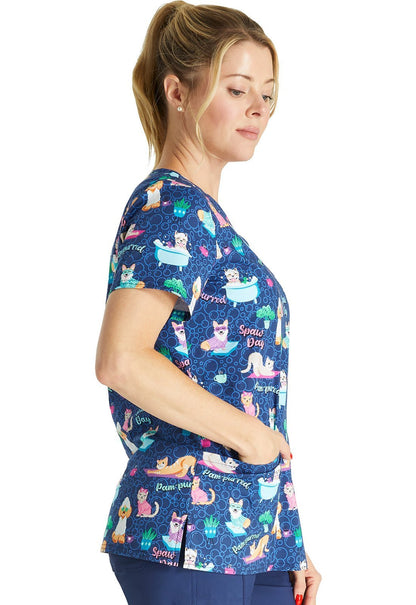 Spaw Day Cherokee Dog Cat Print V Neck Scrub Top CK651 SPWD - Scrubs Select