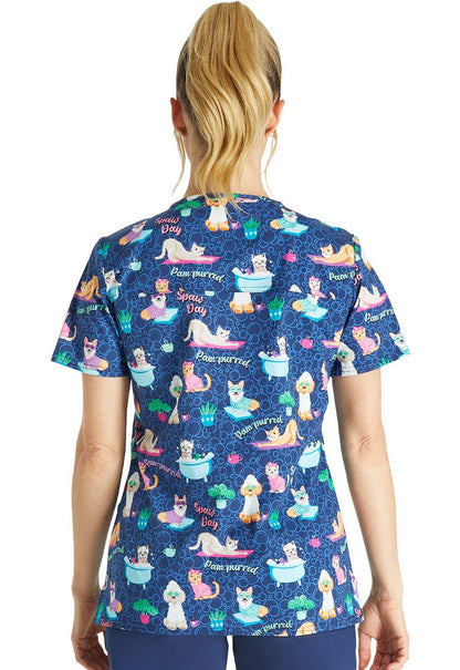 Spaw Day Cherokee Dog Cat Print V Neck Scrub Top CK651 SPWD - Scrubs Select