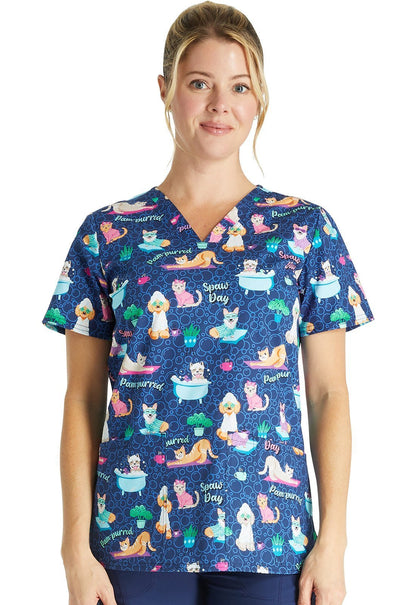 Spaw Day Cherokee Dog Cat Print V Neck Scrub Top CK651 SPWD - Scrubs Select