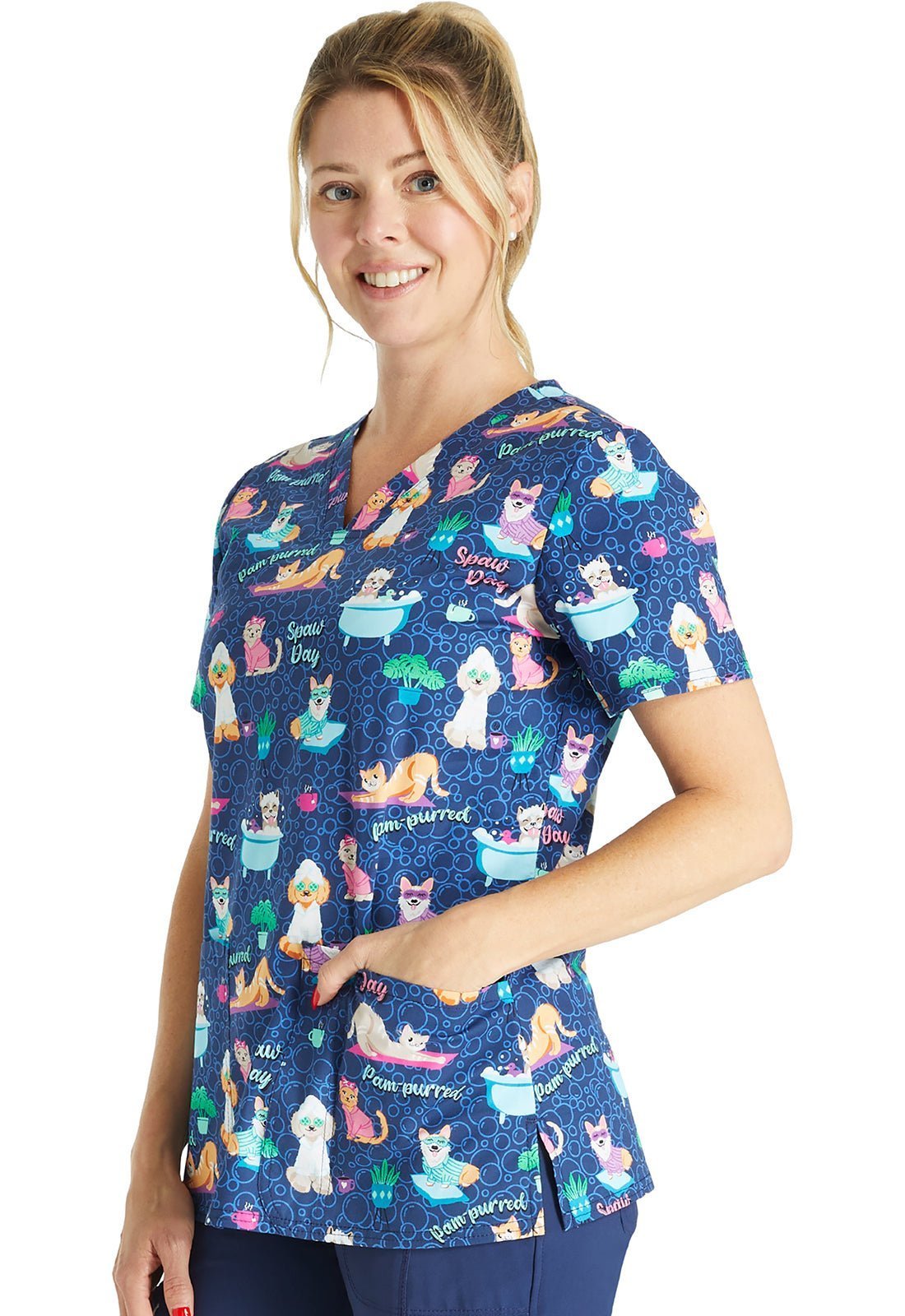 Spaw Day Cherokee Dog Cat Print V Neck Scrub Top CK651 SPWD - Scrubs Select