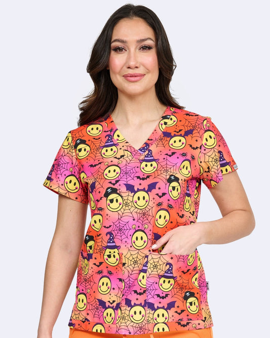 Spooky Smiles Zavate Halloween Print Scrubs V Neck Top 1054 SPOS - Scrubs Select