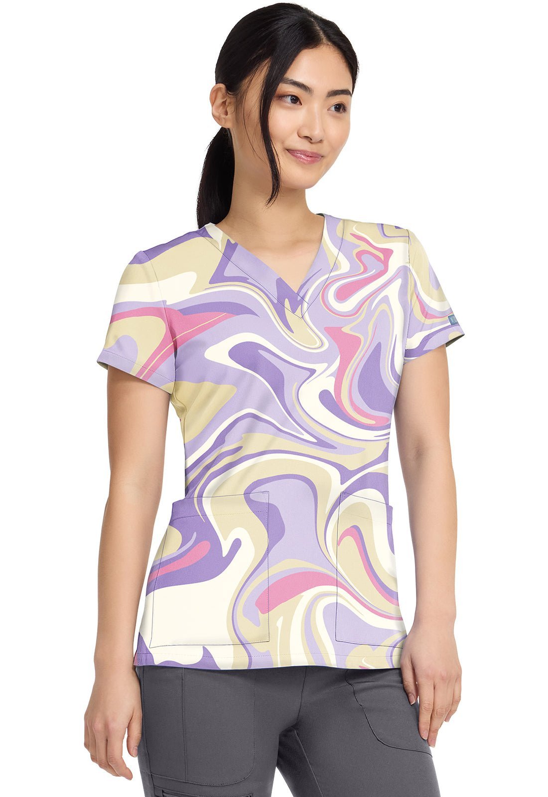 Sporty Marble Med Couture Print V Neck Scrub Top MC8564 SPMB - Scrubs Select