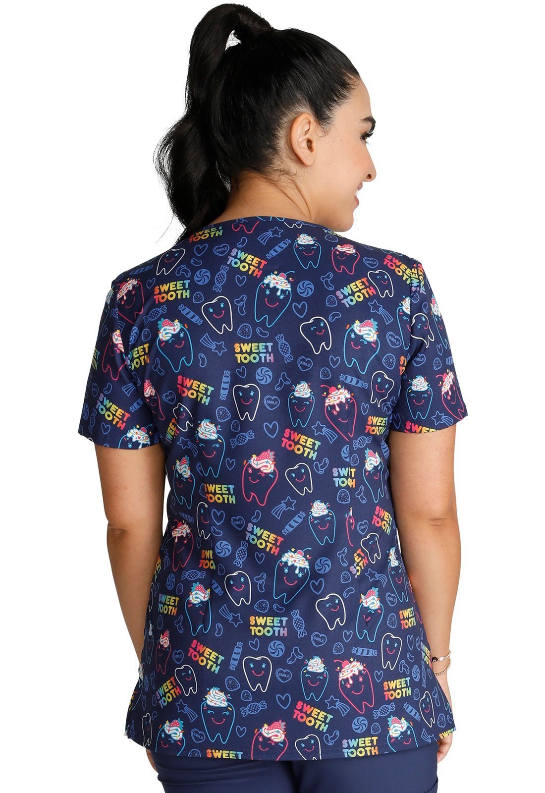Sweet Tooth Cherokee Dental Print V Neck Scrub Top CK678 SOOH - Scrubs Select