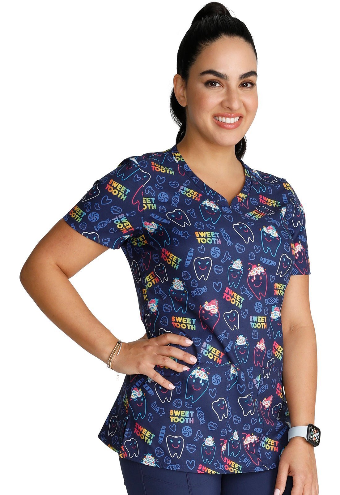 Sweet Tooth Cherokee Dental Print V Neck Scrub Top CK678 SOOH - Scrubs Select