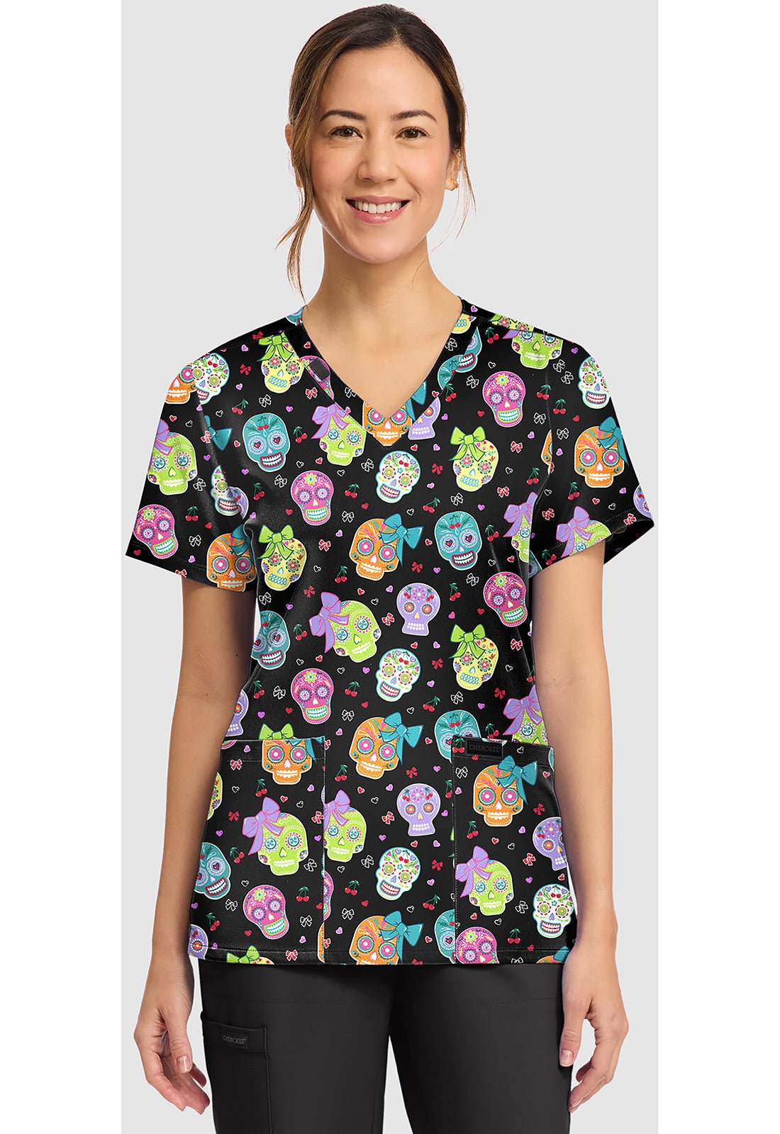 Sweety Skull Cherokee Print V - Neck Scrub Top CK856 STSK - Scrubs Select