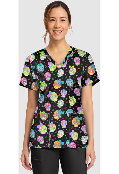 Sweety Skull Cherokee Print V - Neck Scrub Top CK856 STSK - Scrubs Select
