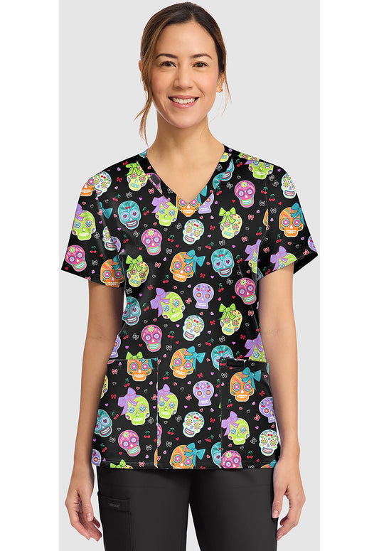 Sweety Skull Cherokee Print V - Neck Scrub Top CK856 STSK - Scrubs Select