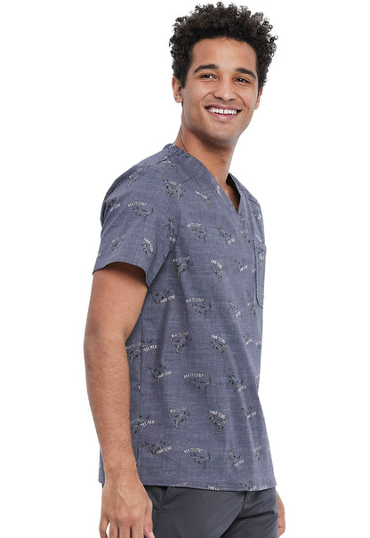 T Rex Dinosaur Print Cherokee Scrubs Men's V Neck Top CK692 RAWS - Scrubs Select