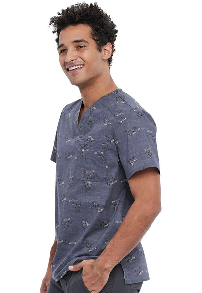 T Rex Dinosaur Print Cherokee Scrubs Men's V Neck Top CK692 RAWS - Scrubs Select
