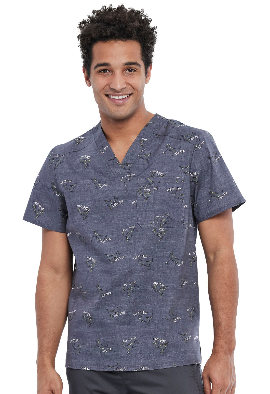 T Rex Dinosaur Print Cherokee Scrubs Men's V Neck Top CK692 RAWS - Scrubs Select