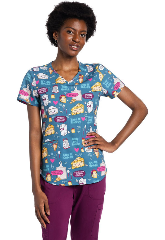 Take It Cheesy Cherokee Cheese Print V Neck Scrub Top CK637 TKCH - Scrubs Select