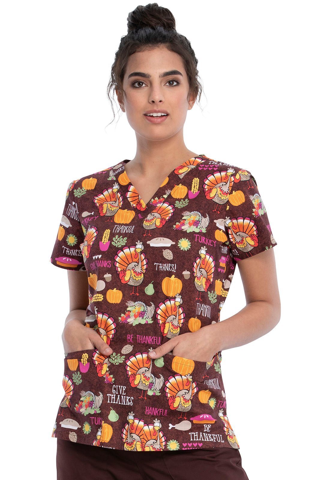 Thanksgiving Print V Neck Scrub Top CK616 BTKL - Scrubs Select