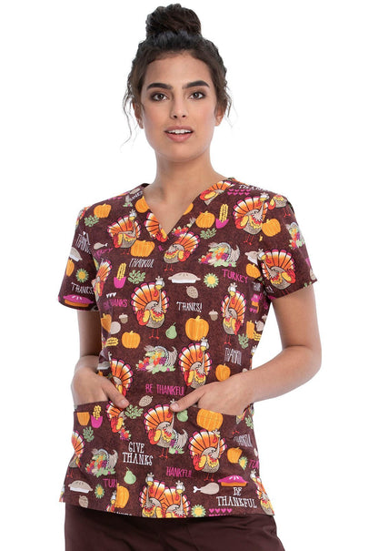 Thanksgiving Print V Neck Scrub Top CK616 BTKL - Scrubs Select