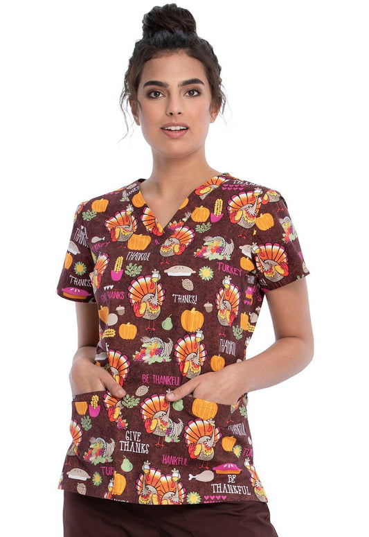 Thanksgiving Print V Neck Scrub Top CK616 BTKL - Scrubs Select