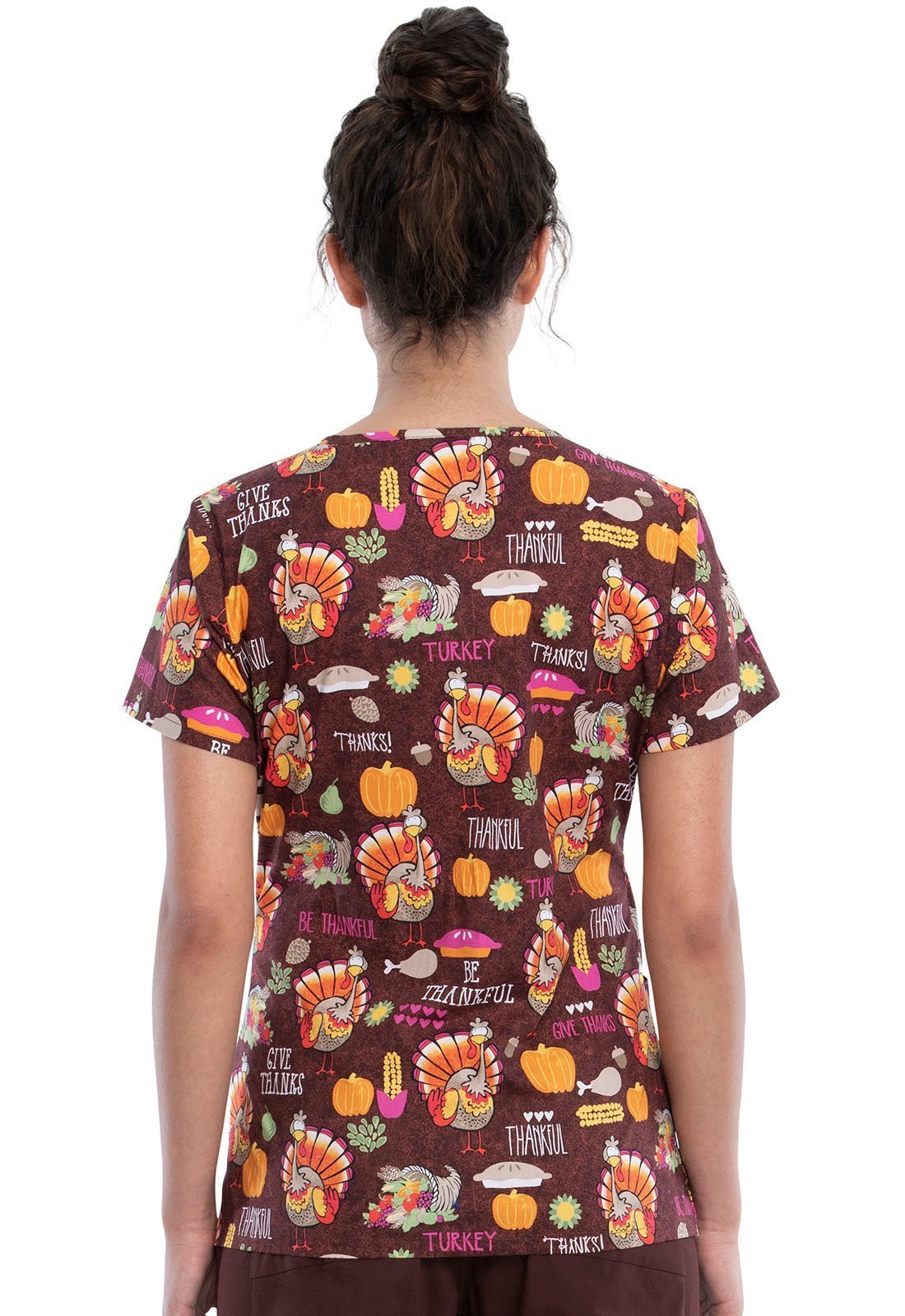 Thanksgiving Print V Neck Scrub Top CK616 BTKL - Scrubs Select