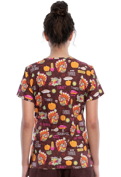 Thanksgiving Print V Neck Scrub Top CK616 BTKL - Scrubs Select