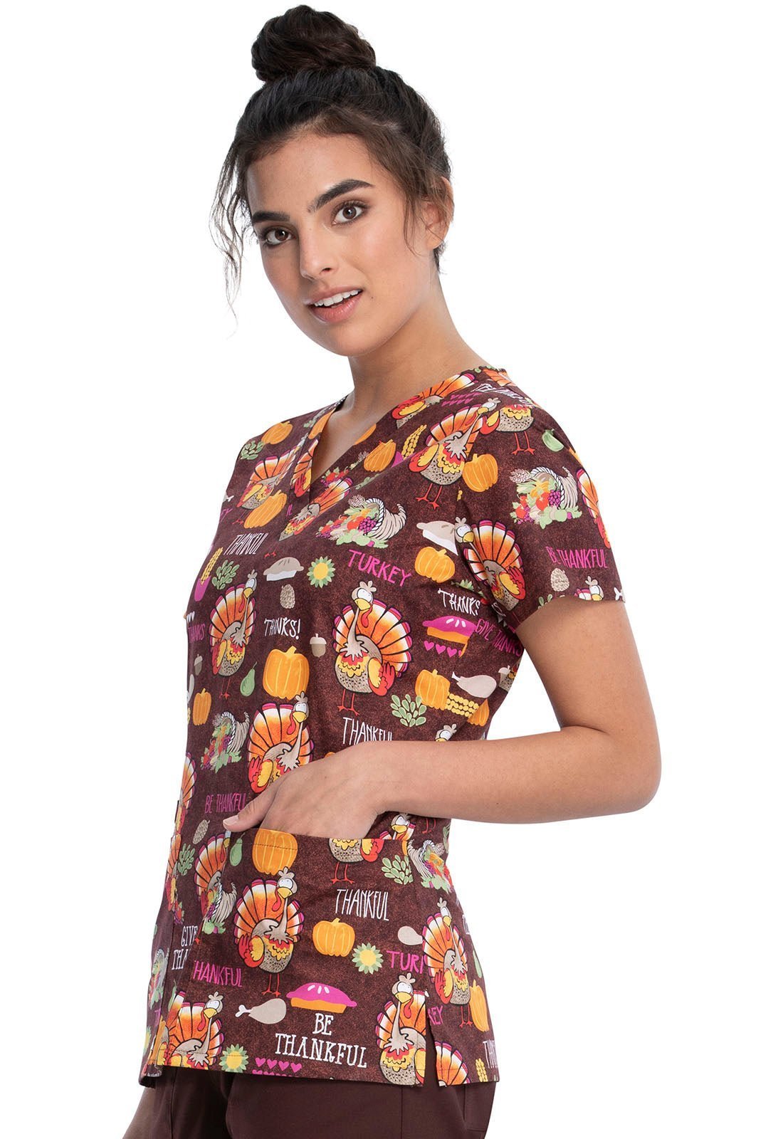 Thanksgiving Print V Neck Scrub Top CK616 BTKL - Scrubs Select
