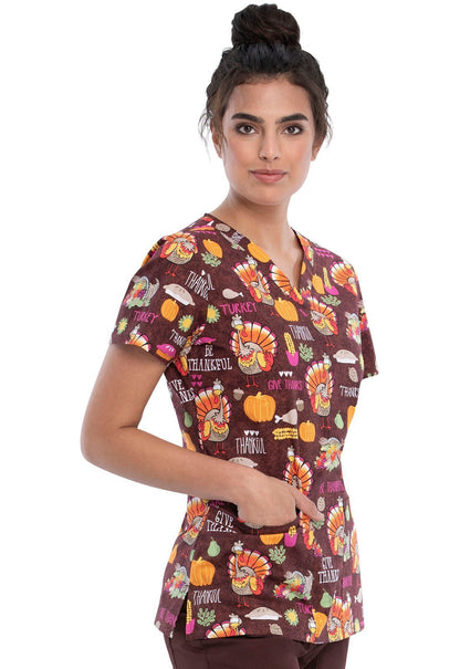 Thanksgiving Print V Neck Scrub Top CK616 BTKL - Scrubs Select