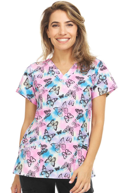 Tie Dye Butterflies Medichic Print V Neck Scrub Top MC4512 - 43 - Scrubs Select