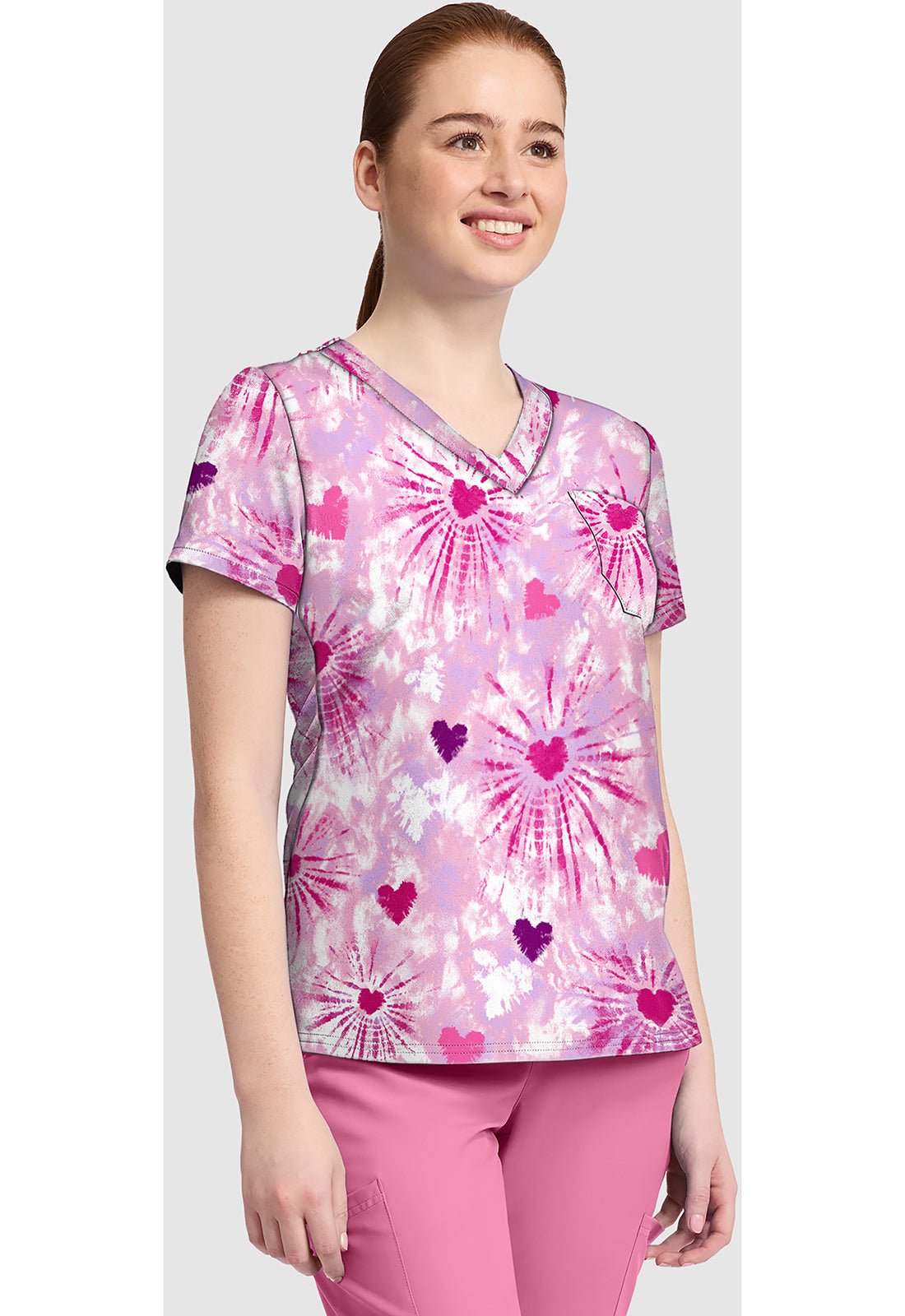 Tie Dye Hearts Med Couture Print V Neck Scrub Top MC632 TDHA - Scrubs Select