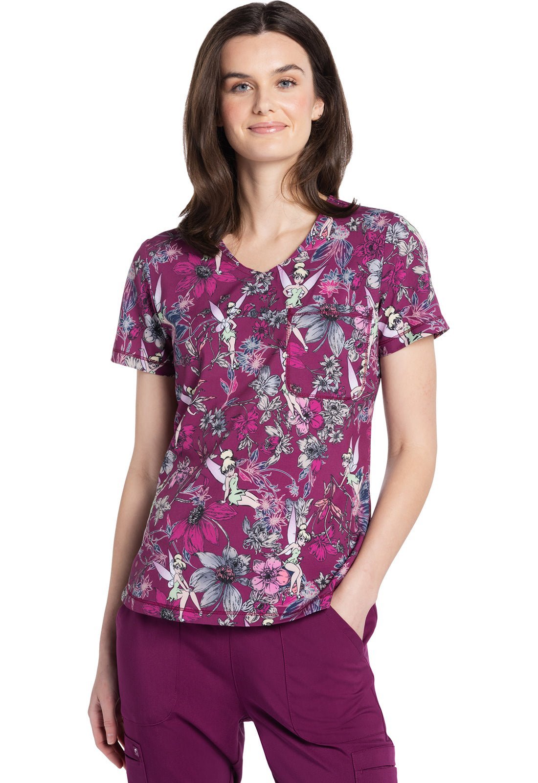 Tinker Bell Cherokee Tooniforms Disney Rounded V Neck Scrub Top TF786 TBMM - Scrubs Select