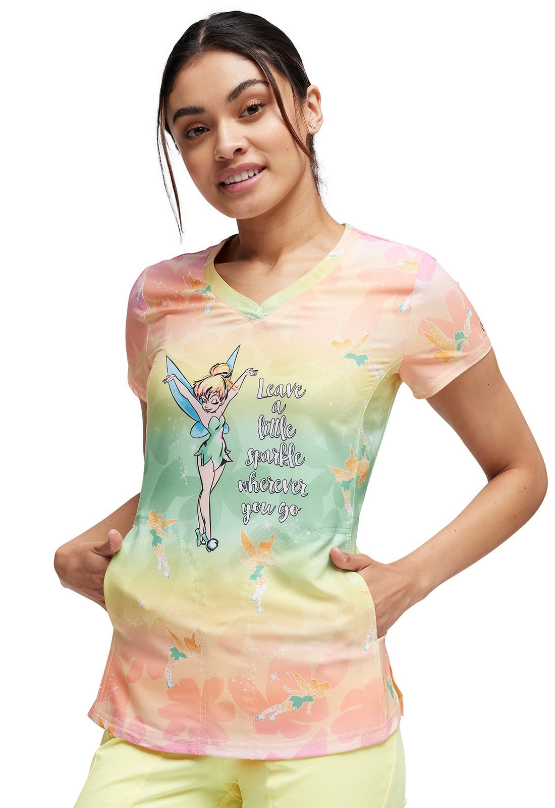 Tinker Bell HeartSoul Print Disney V Neck Scrub Top HS692 TBAL - Scrubs Select