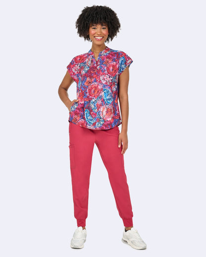 Tones of Red Zavate Diana Print Scrub Mandarin Collar Top 1172 TNRD - Scrubs Select