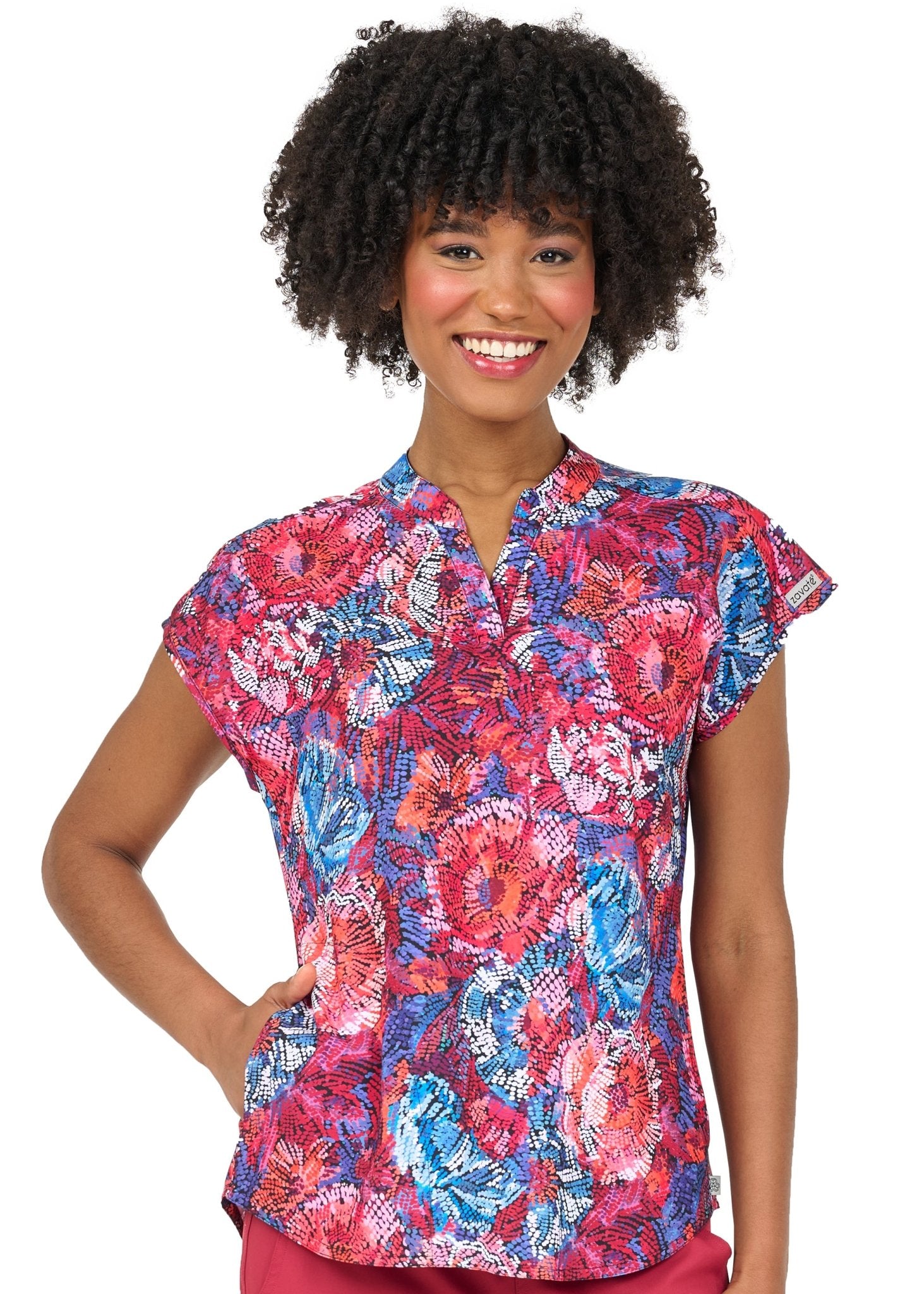 Tones of Red Zavate Diana Print Scrub Mandarin Collar Top 1172 TNRD - Scrubs Select