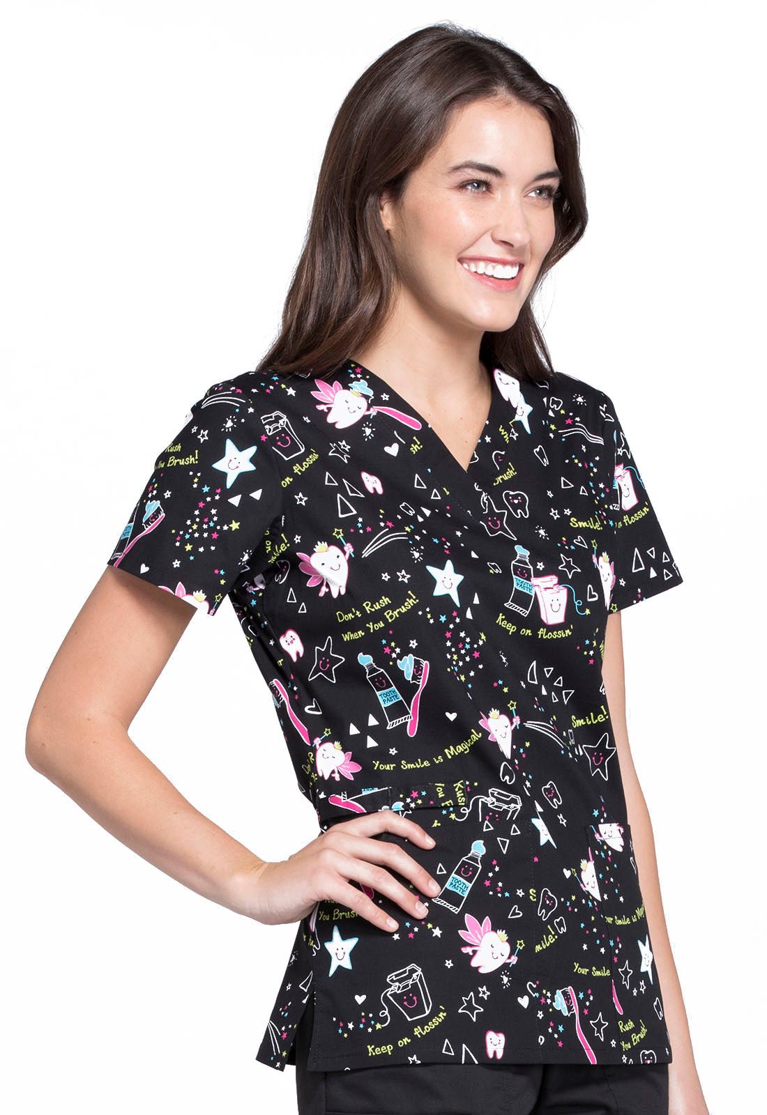 Tooth Fairy Magic Cherokee Dental Print V Neck Scrub Top CK616 TOFR - Scrubs Select