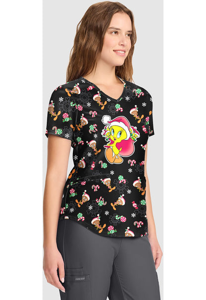 Tweety Tooniforms Looney Tunes Christmas V Neck Scrub Top TF737 LTGI - Scrubs Select