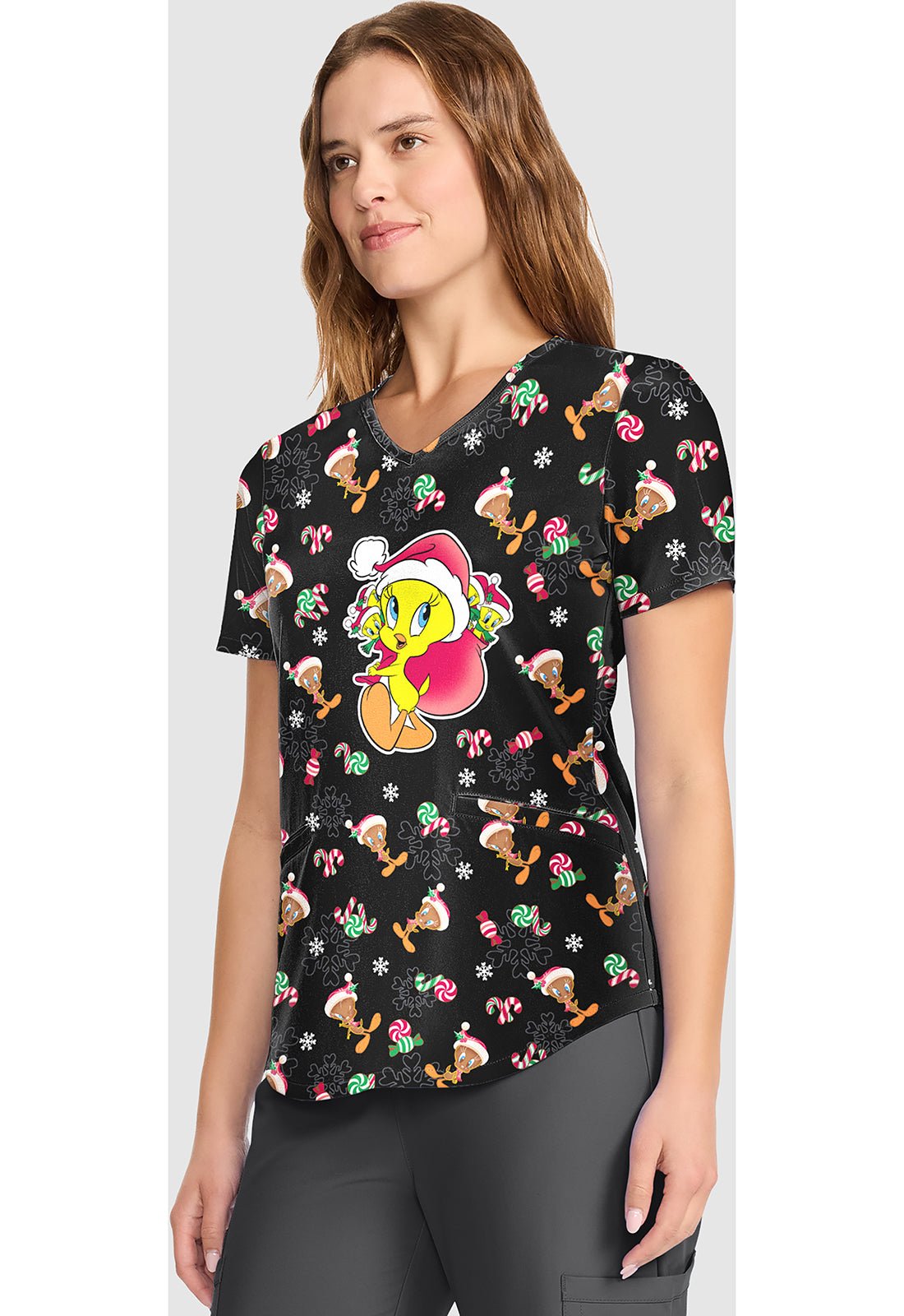 Tweety Tooniforms Looney Tunes Christmas V Neck Scrub Top TF737 LTGI - Scrubs Select