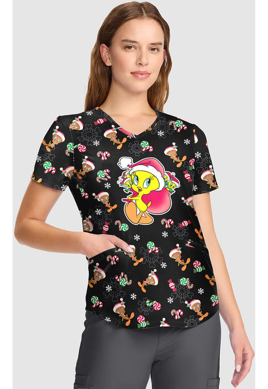 Tweety Tooniforms Looney Tunes Christmas V Neck Scrub Top TF737 LTGI - Scrubs Select