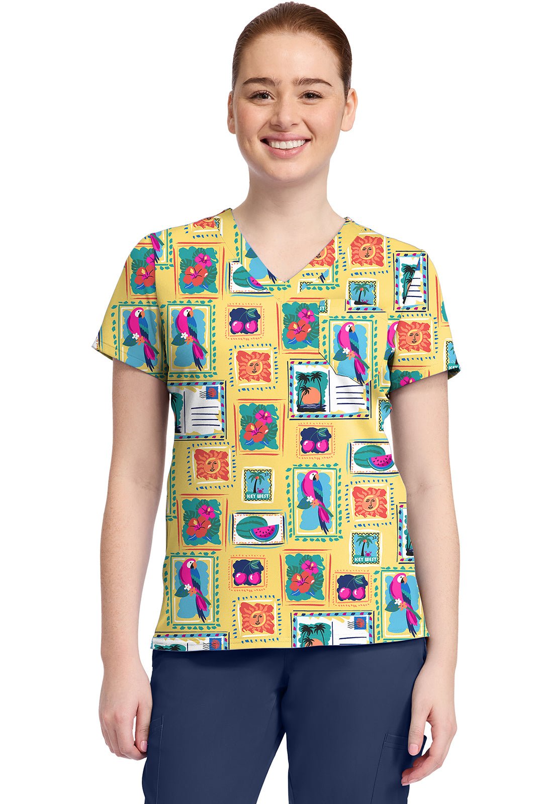 Vacation Post Card Med Couture Print V Neck Scrub Top MC632 VCPC - Scrubs Select