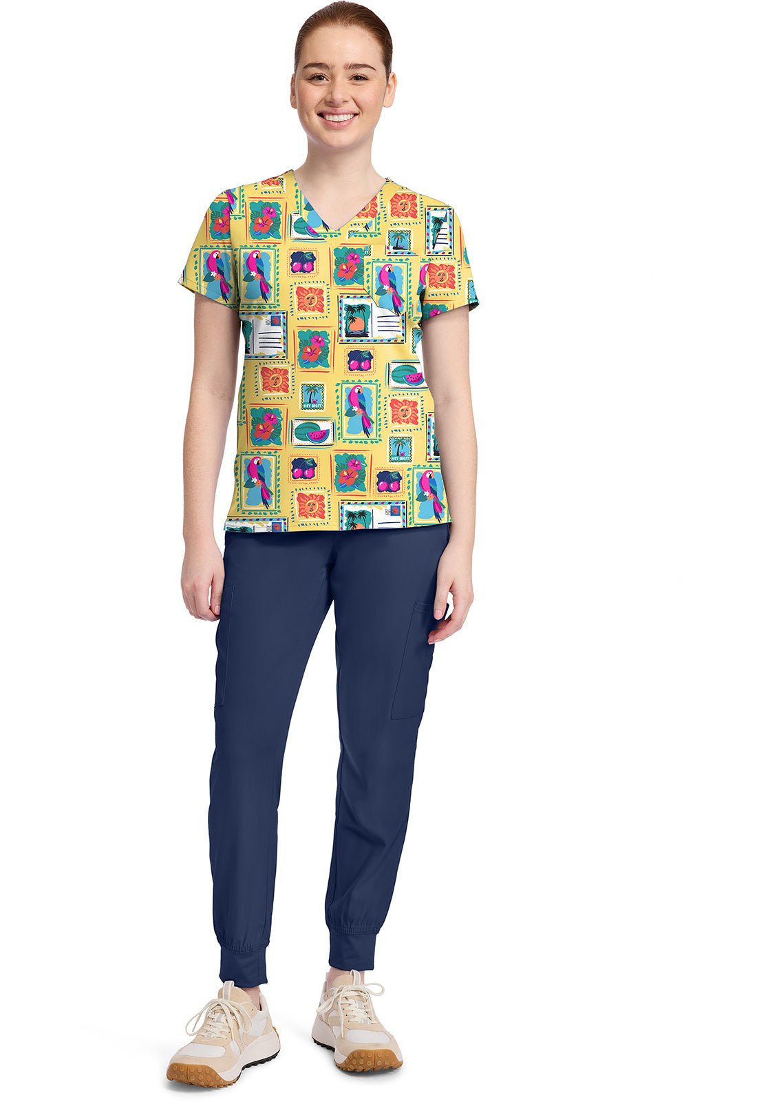 Vacation Post Card Med Couture Print V Neck Scrub Top MC632 VCPC - Scrubs Select