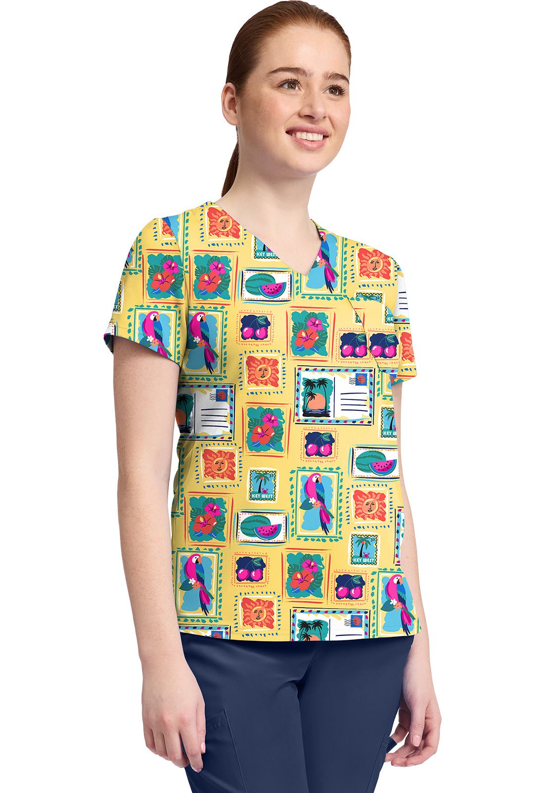 Vacation Post Card Med Couture Print V Neck Scrub Top MC632 VCPC - Scrubs Select